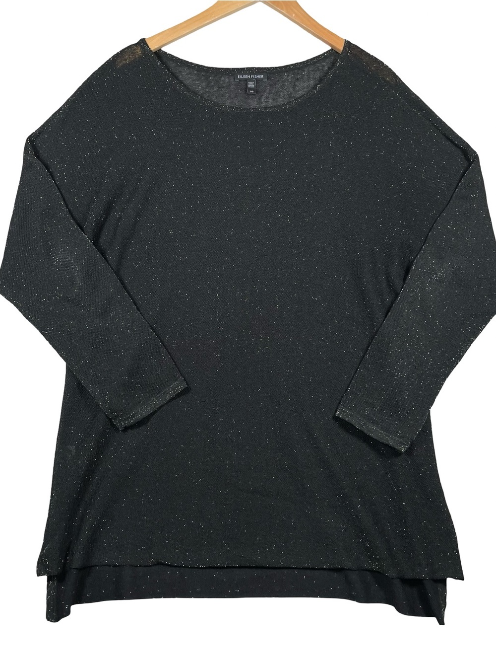 Eileen Fisher Black Sparkle Long-Sleeve Tunic Top Organic Linen Blend